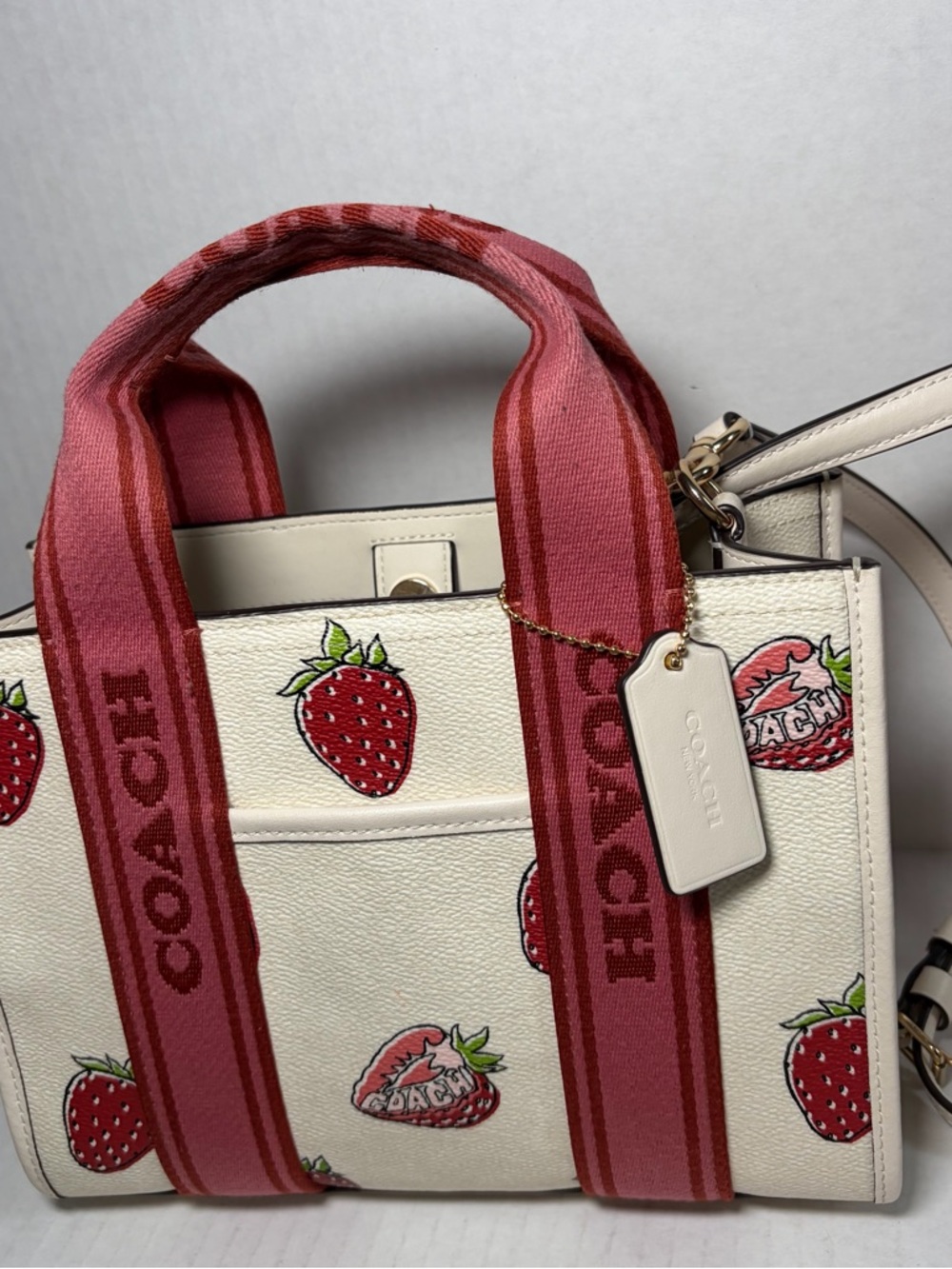 Coach White Strawberry Print Canvas Tote with Pink Straps